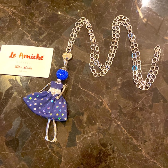 Le Amiche Silver-Tone Sky Blue Rhinestones Doll Charm w/Chain 32” Made In Italy - Picture 3 of 8